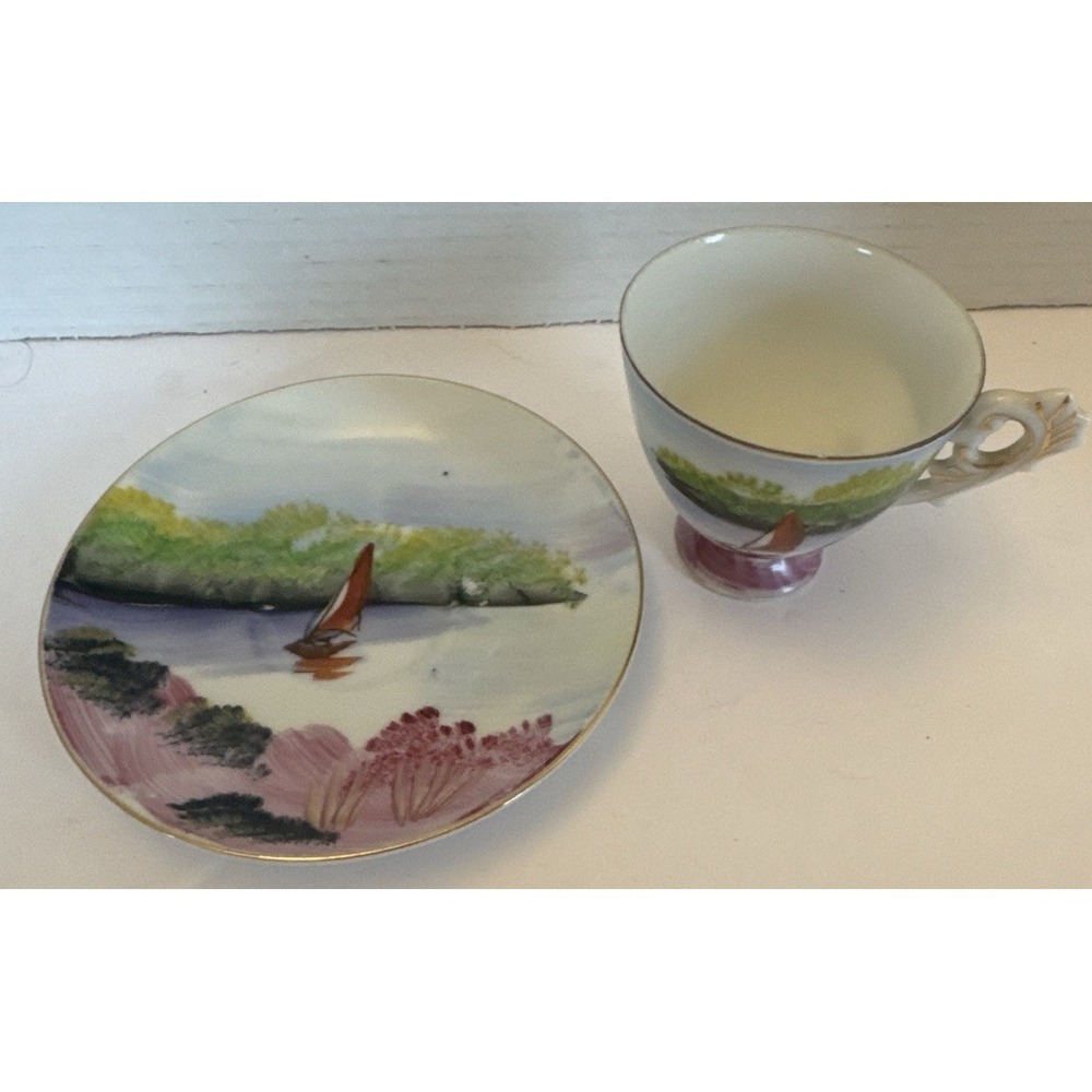 Vintage Ucagco Small Teacup & Saucer Set Sailboat Scene w Gold Trim Japan